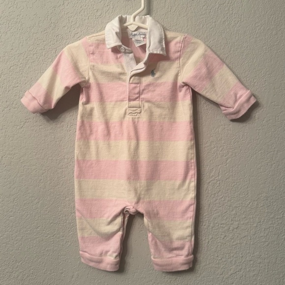 Kid's Ralph Lauren Light Pink Rugby Striped Collared Onesie - Picture 2 of 7